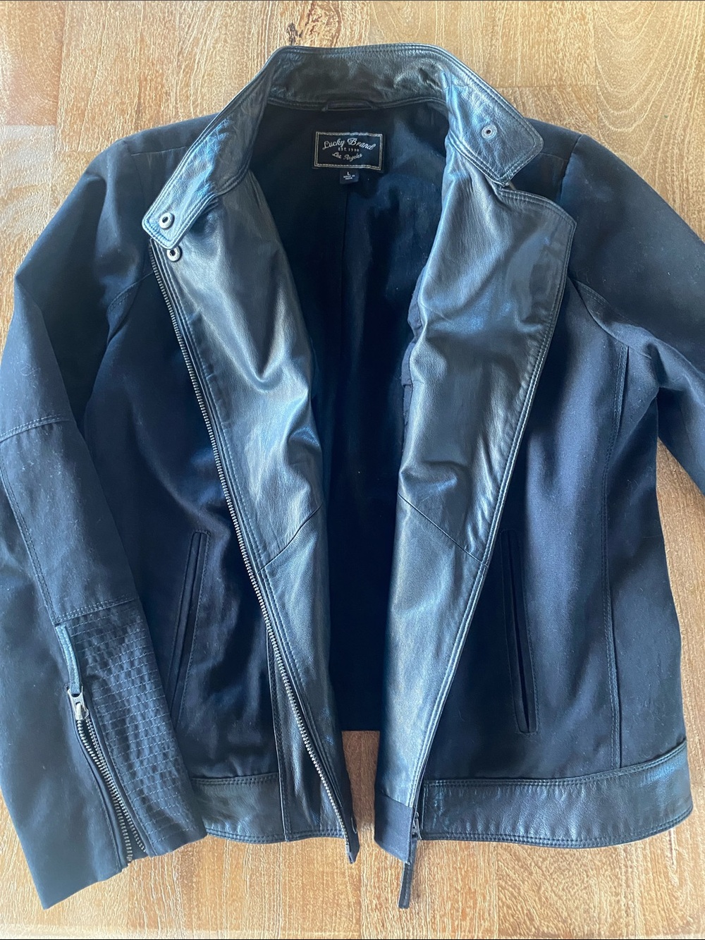 Lucky Brand Women’s Moto Black Jacket, Leather and Canvas, size L